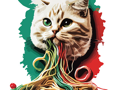 Brown and white cat enjoying Italian spaghetti