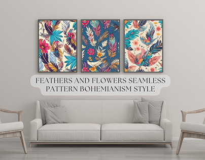 Feathers And Flowers Seamless Pattern Bohemianism Style