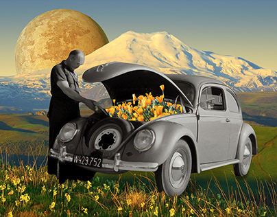 Digital surrelistic collage illustration "Flower fuel"