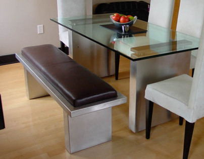 Custom dual height dining table, bench and chairs