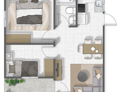 Floor plan 2D rendering prefab house in chile.