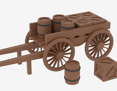 Lowpoly Wooden Cart with Barrel and Crate 3D model