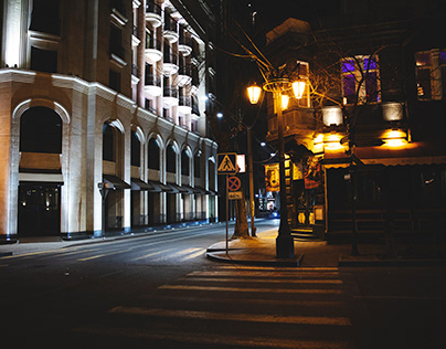 Glow of streetlights and nighttime