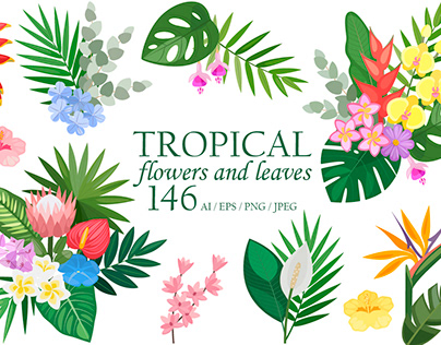 Tropical flowers and leaves.