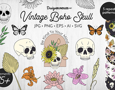 Vintage Autumn Boho Skull Detailed Illustrations