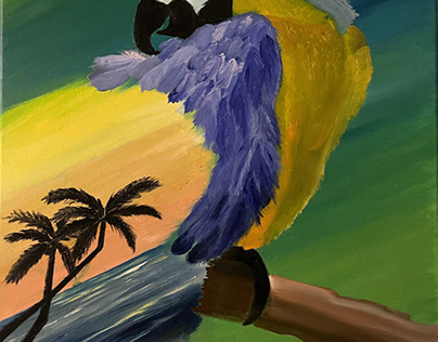 Oil painting,Canvas,Hawaii,atmosphere,parrot,beach