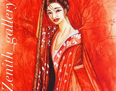 Watercolour, painting, art, geisha