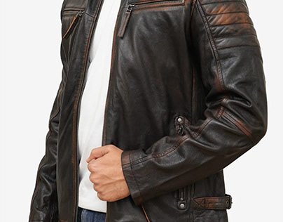 Men's Distressed Brown Leather Jacket for Moto Biker