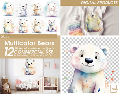 Cute Watercolor Little Rainbow Teddybears Images Set
