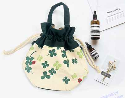 Green flower printing burlap tote bag makeup bag
