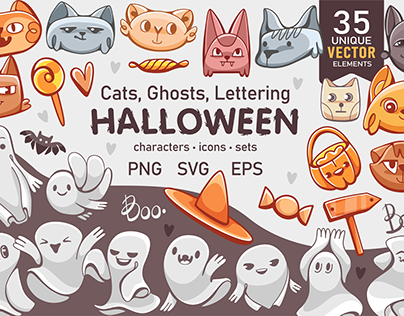 Halloween Cute Cartoon Set | Cat, Ghost, Lettering