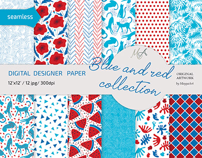 Red, white and blue colour seamless patterns