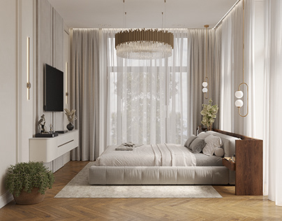 Современная стильная спальня с отдельным гардеробом