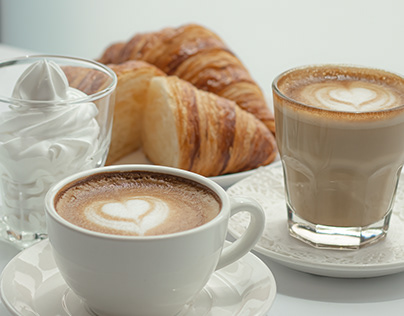 Croissant with caffe latte set whipping cream