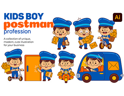 Kids Boy Postman Profession Vector Pack