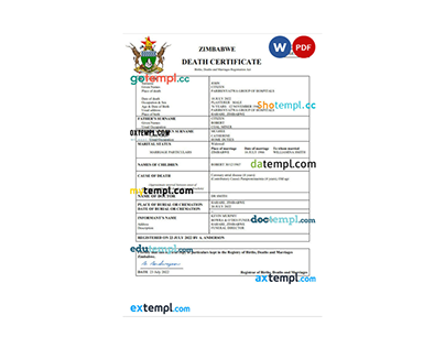 Zimbabwe vital record death certificate Word and PDF