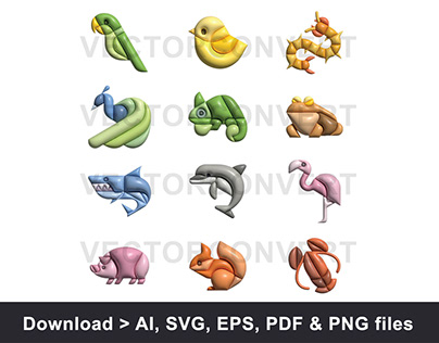 Cute animal icons inflated vector illustration