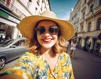 Young smiling woman making selfie on smartphone