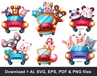 Project thumbnail - Cute cartoon animals in car vector illustration