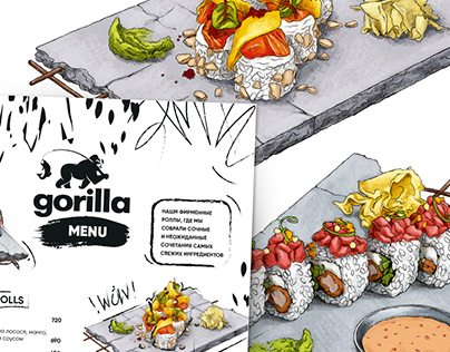 Food illustration and design menu for Gorilla Sushi
