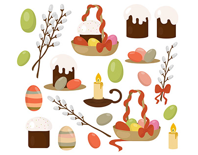 Easter set of items: Easter cakes, eggs, candles.