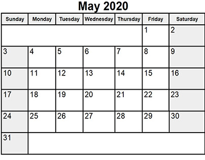 calendar for may 2020