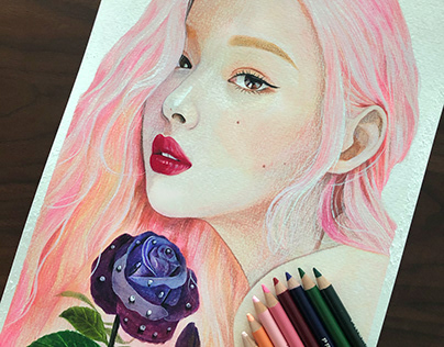 분홍머리 / 장미꽃 / 색연필인물화
