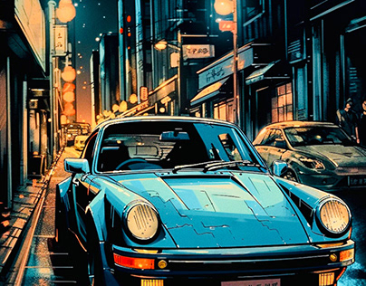 Classic sport car in Tokyo street, anime style