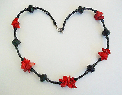 925 silver, red coral, hematite, black crystal necklace
