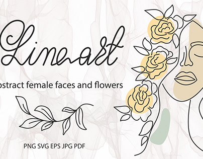 Set of abstract female portraits and flowers line art