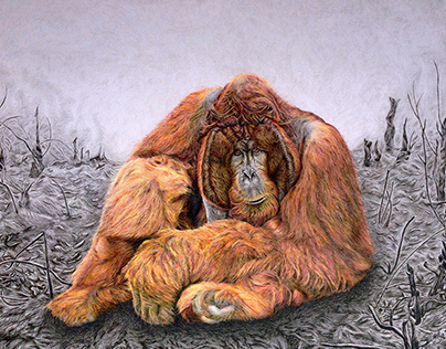 Bornean Adult Male Orangutan in Burnt Landscape (2016)