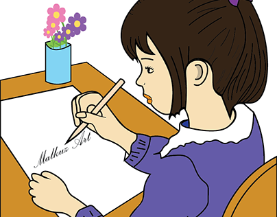 Line art illustration of girl writing a letter
