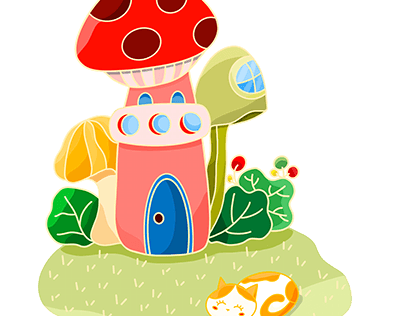 Mushroom Castle and a Cat Illustration @ 2 set color