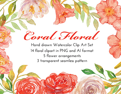 Coral Floral - Watercolor Clip Art Set