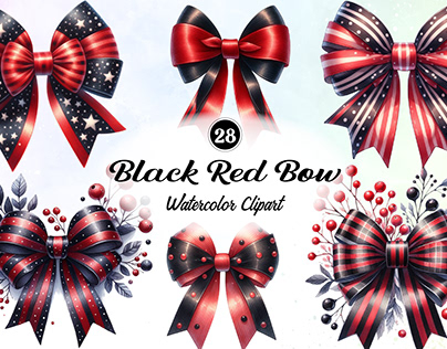 Black and Red Bow Watercolor Clipart