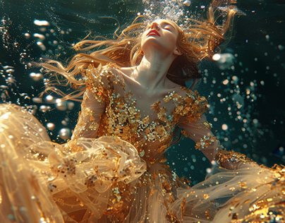 Woman under water wearing an evening gown.