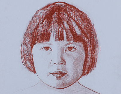 Portrait of a girl. Sanguine, pencil, whitewash, paper.