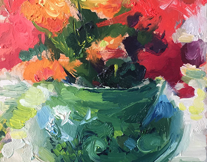 Flowers in a green vase . Hardboard, oil.  @ art.gulsum