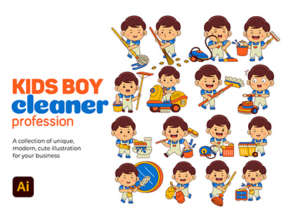 Kids Boy Cleaner Profession Vector Pack
