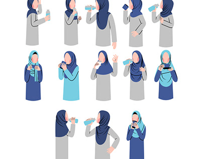 Set of hijab woman drinking character