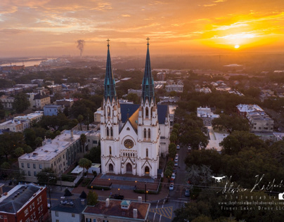 Drone view of sunrise in Savannah, GA