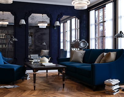 Interior in blue tones with decorative mirrors