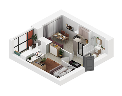 3D layout of one-room apartment