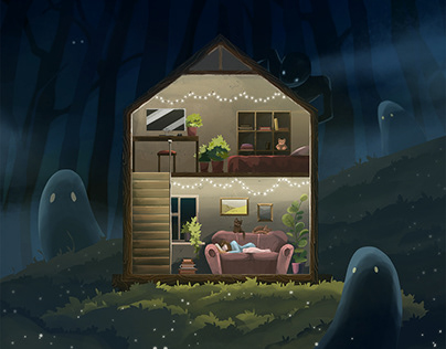 Cozy house in the dark forest