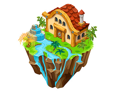 Isometric islands with houses and game objects. Vector.