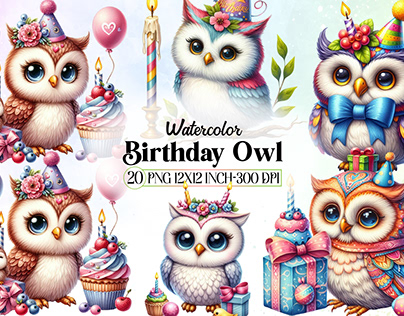 Watercolor Birthday Owl clipart