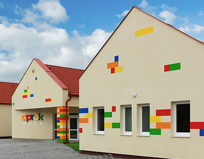 Kindergarten "built" of large Lego-like bricks