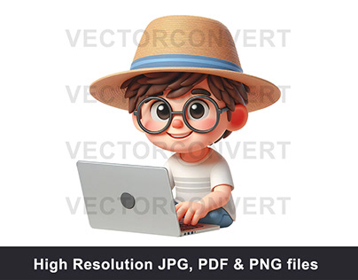 Cute boy kid using laptop 3D model
