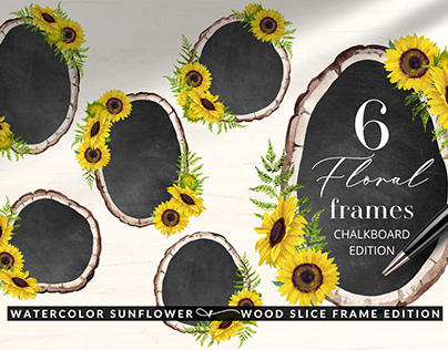 Watercolor Sunflower Wood Frame Chalkboard Clipart
