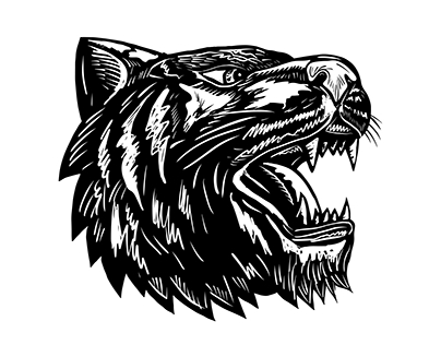 Growling Tiger Woodcut Black and White